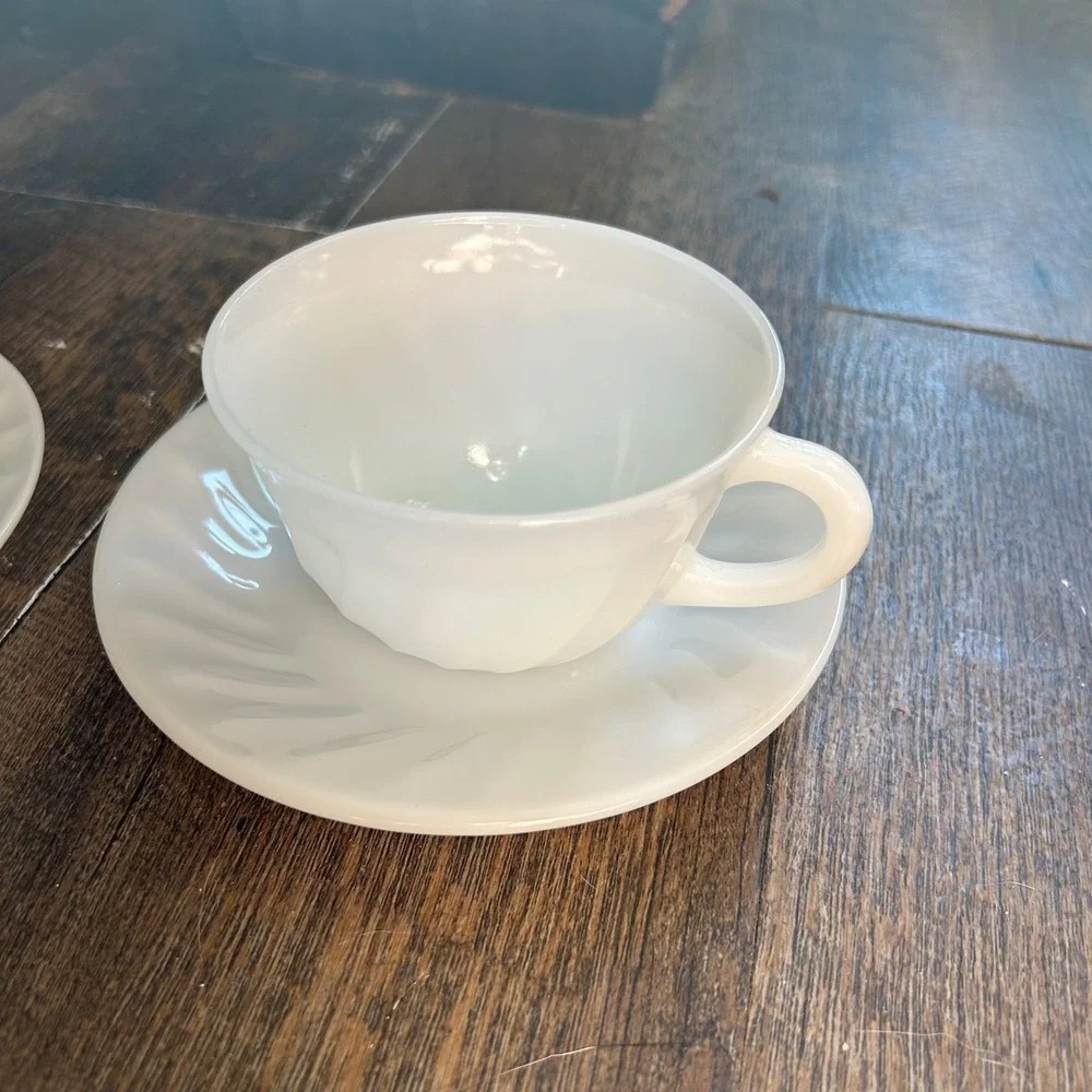 Vintage Fire-King White Swirl Milk Glass Teacup and Saucer Set of 2 MCM USA